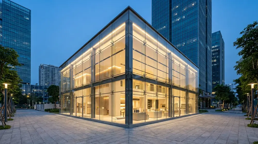 Hệ mặt dựng kính cường lực Showroom Ô tô Auto+ Quận 7, TPHCM